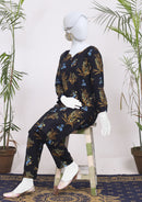 Eshaal Black Linen Outfit with Floral Block Printing