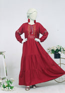 Nazneen Maroon Embroidered Maxy: Two Piece Set in premium linen winter stuff with quality of fabric