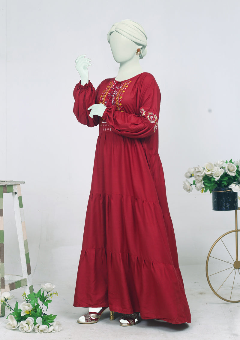 Nazneen Maroon Embroidered Maxy: Two Piece Set in premium linen winter stuff with quality of fabric