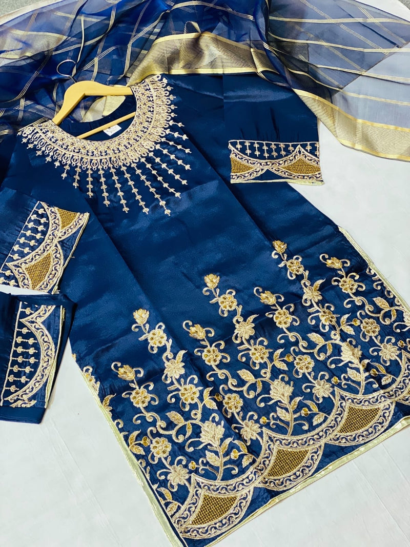 Mehak Three-Piece: Luxurious Silk with Golden Embroidery and Organza Dupatta