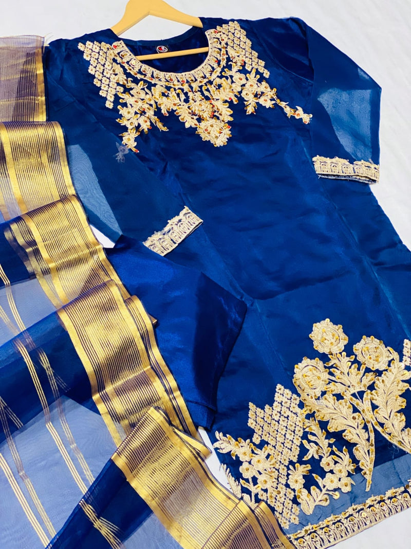 Jamal Three-Piece: Silk Suit with Golden Embroidery and Organza Dupatta