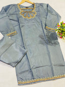 Dazzling Durkhshan Silk Two-Piece Suit with Embroidered Mirror Work and Lace